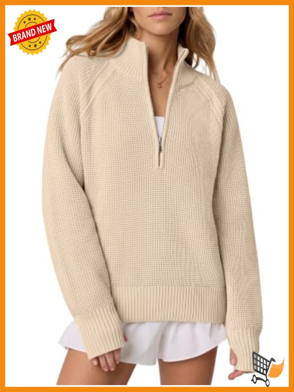 Womens Quarter Zip Pullover Sweater Waffle Knit Thumb Holes Collared
